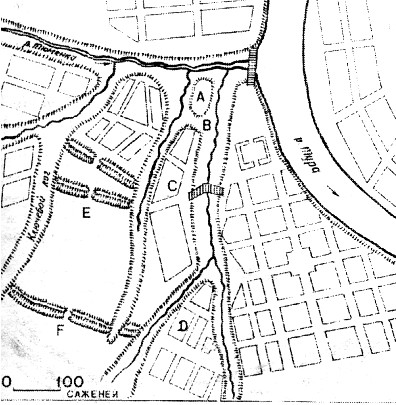 План Тюмени 1766 года, на левом плане схема Чимги-Туры. Буквой «А» обозначена ханская цитадель, под «Е.», «F» оборонительные укрепления